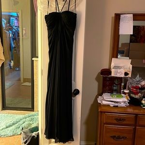 Black Strappy Bustier Flowy Formal Gown